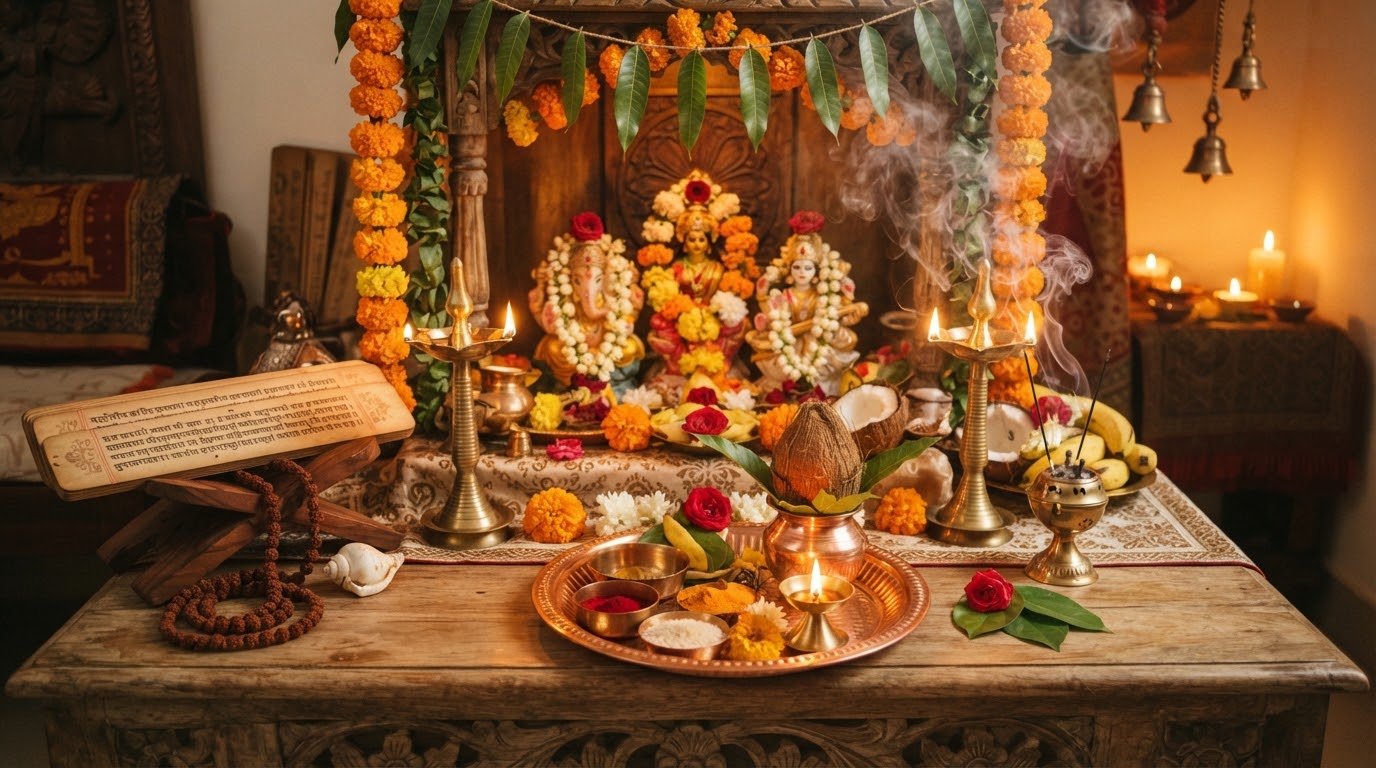 Authentic Traditional Vedic Puja Altar with Diya Lamps and Marigolds